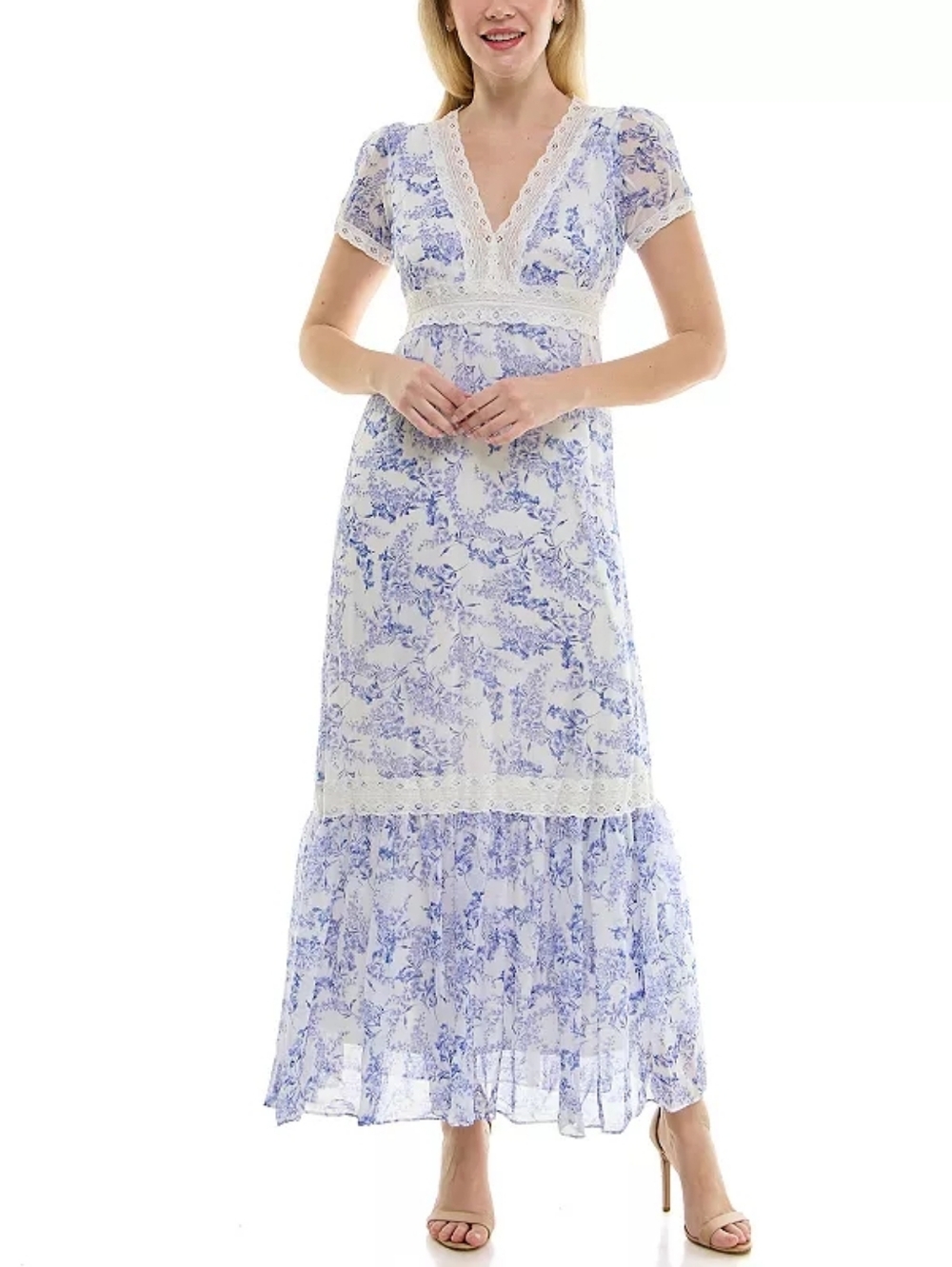 Women's Taylor Tiered V-Neck Fit & Flare Lace Detail Maxi Dress